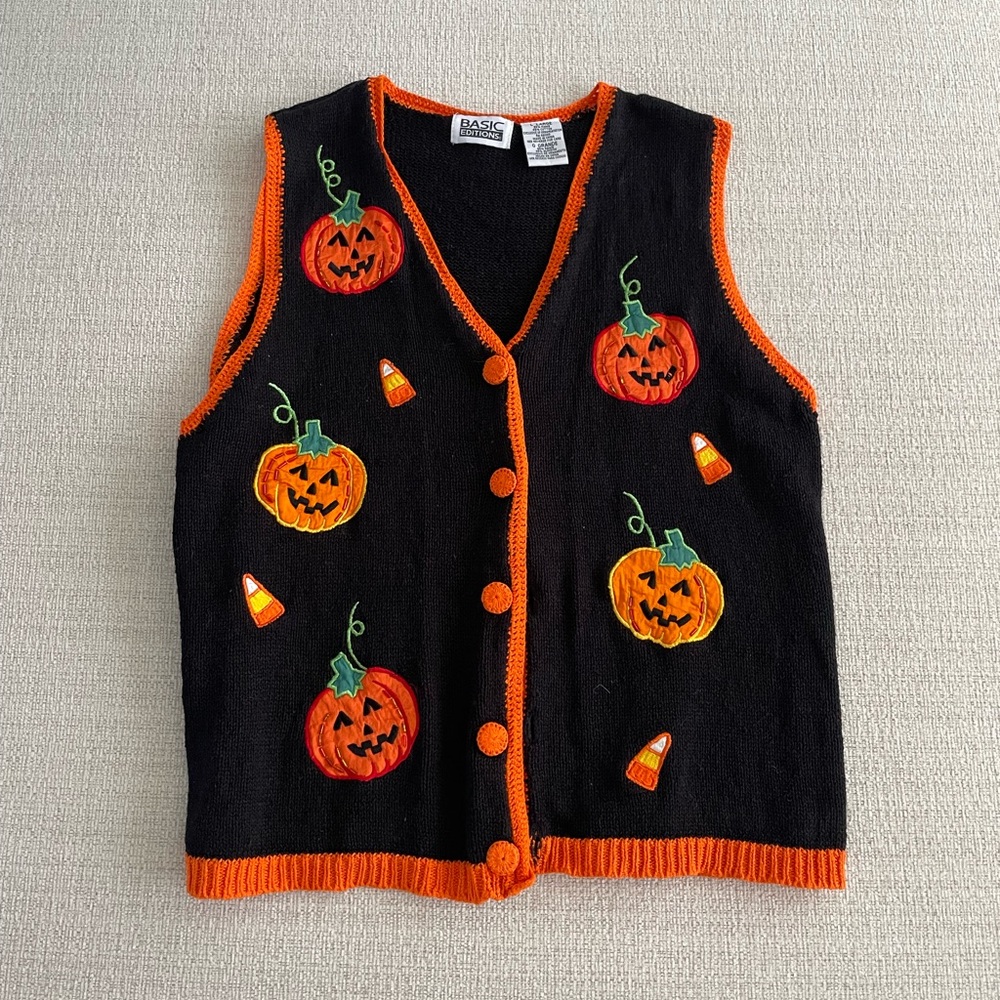 vintage basic editions halloween wool pumpkin sweater vest